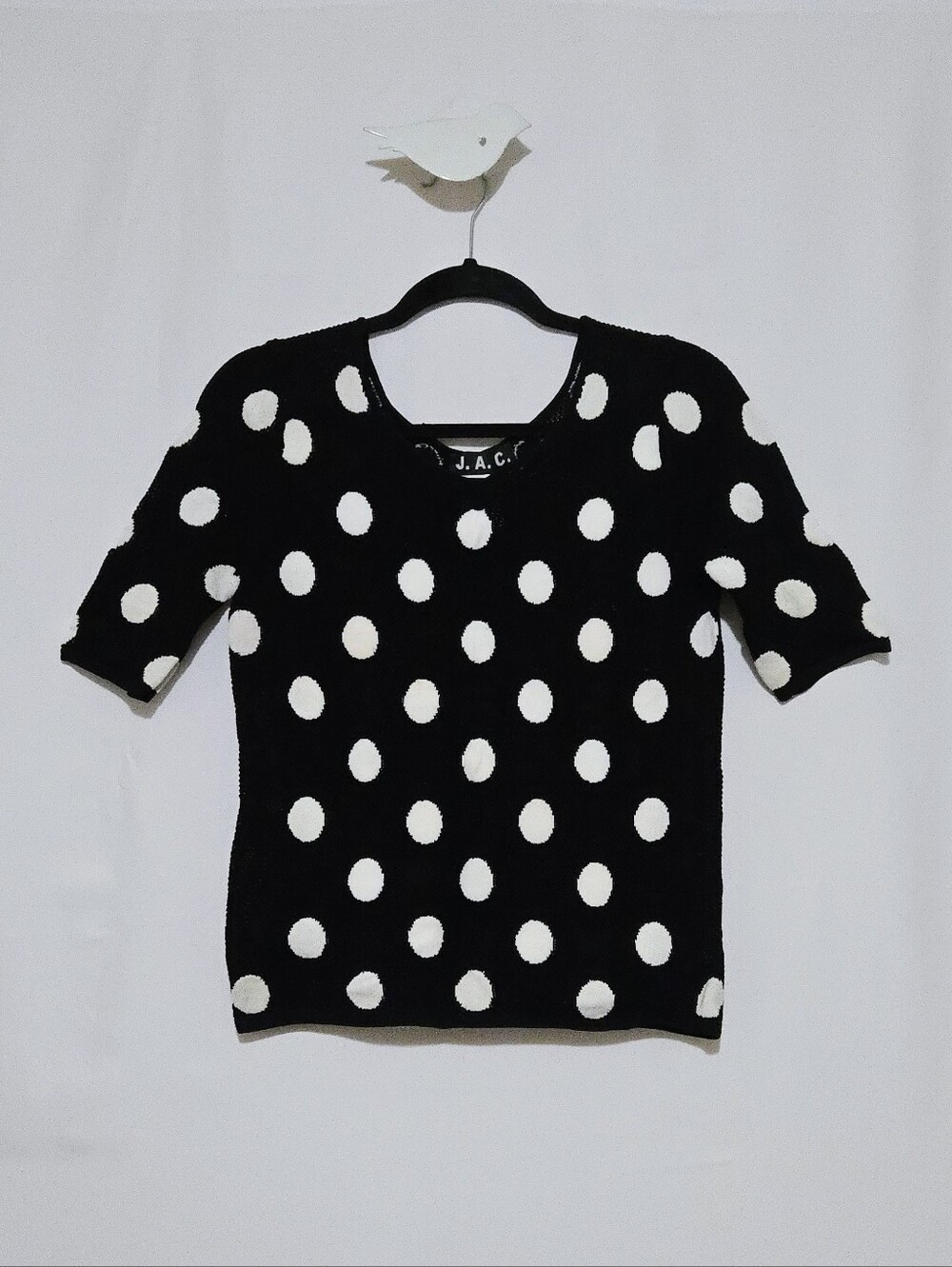 JAC Classic Black & White Polka Dot Short Sleeve Knit Sweater Top - Y2K - Size M